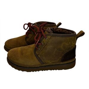 UGG Neumel Leather Boots Youth US 4 Brown Shearling Lined Lace Up